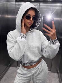 Women's Casual Leopard Print Pockets Short Length Oversized Long Sleeve Hoodies For Daily,Winter Fall Clothes,Fall Winter Outfit,Going Out Tops - Light Gray - View 7