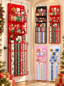 1pc Large Capacity Non-Woven Christmas Gift Wrap Organizer, Over-The-Door Hanging Storage Bag With Clear Pockets, 4 Colors, For Wrapping Paper, Ribbons, Bows, Ornaments, Gift Bags, Holiday Parties & Crafts - Multicolor - View 1