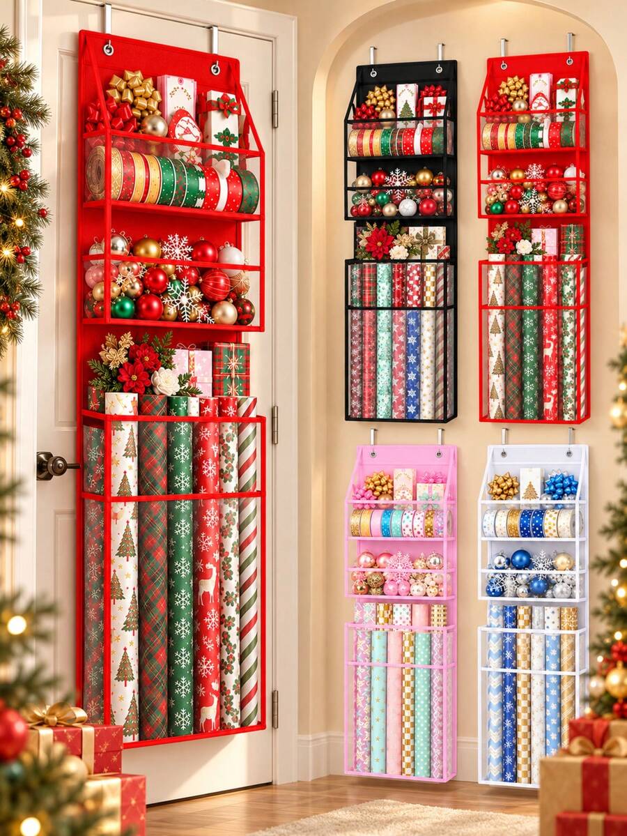 1pc Large Capacity Non-Woven Christmas Gift Wrap Organizer, Over-The-Door Hanging Storage Bag With Clear Pockets, 4 Colors, For Wrapping Paper, Ribbons, Bows, Ornaments, Gift Bags, Holiday Parties & Crafts - Multicolor - View 1