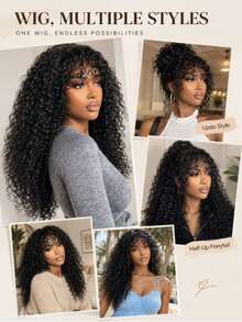 UNice Fluffy Curly Wig With Pre-Cut Bangs, Glue-Free 2*4 Lace, Natural Black, 100% Human Hair, With Drawstring, Pre-Cut Pre-Plucked, Bleached Roots, Ready-To-Wear, Suitable For Beginner Women, 150% Density - Natural Black - View 7