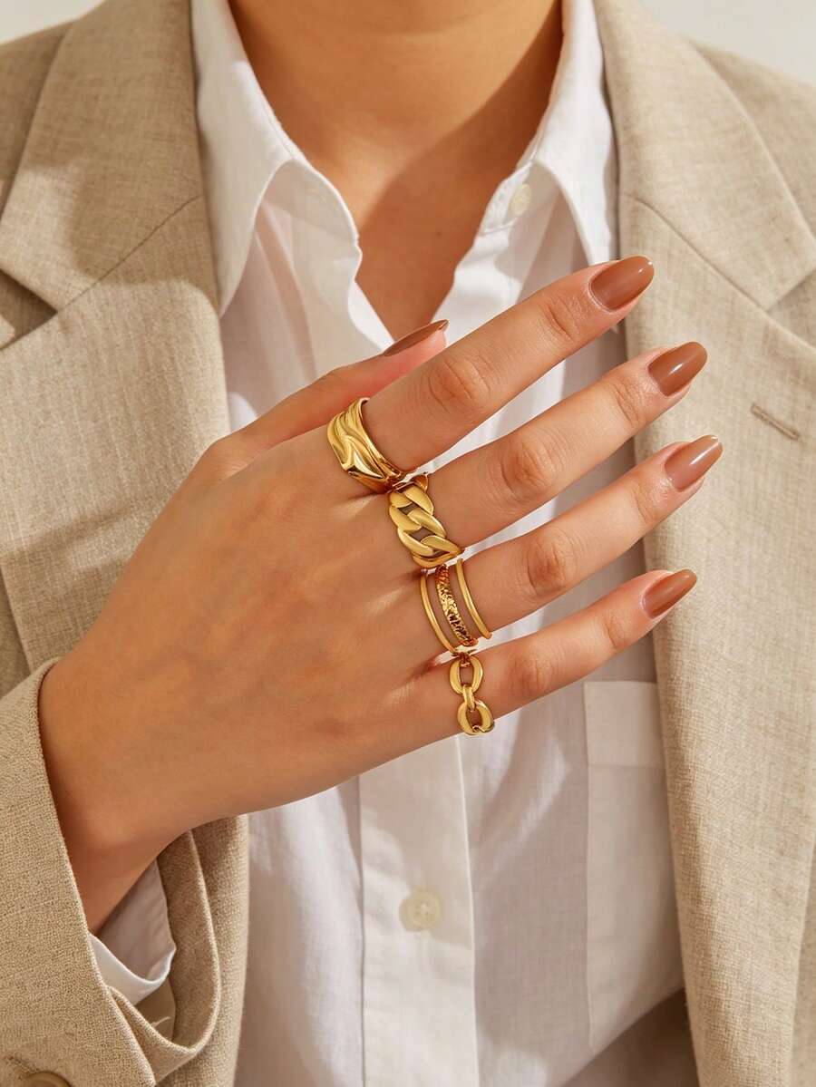 Bộ 4 nhẫn ngón tay tròn xích hình học bằng thép không gỉ màu vàng, phong cách thời trang đa năng thường ngày, phù hợp cho phụ nữ đeo hàng ngày, đi chơi và du lịch - Nhiều màu - Xem 1