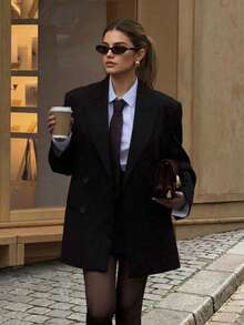 Women's Elegant Double-Breasted Polyester Long Sleeve Blazer Jacket With Pockets, Perfect Fit For Autumn - Black - View 4