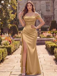 MIUSOL Sequin Floral Lace Off-Shoulder Ruffle Trim Slit Thigh Satin Evening Gown, Elegant Women's Formal Dress Party Summer - Gold - View 2