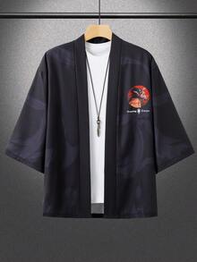 Men's Vintage Japanese Kimono Print Cardigan Shirt - 100% Polyester Thin Loose Collarless Design, Suitable For Spring, Summer And Autumn - Black - View 6