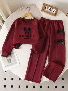 Tween Girl Bow & Letter Print Crew Neck Sweatshirt And Bow Decor Long Pants - Burgundy - View 1