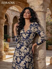 ELYRADIA Robe longue élégante pour femme - Robe maxi moulante col V avec fente latérale, imprimé floral, manches longues et taille à cordon, parfaite pour les occasions formelles d'automne - bleu indigo - Voir 4