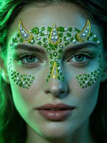 1pc Green Dragon Horn Monster Face Rhinestone Sticker, Self-Adhesive Glitter Dragon Horn Scale Face Decoration, Suitable For Halloween, Cosplay, EDM Party Temporary Face Sticker - Multicolor - View 3