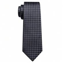Men's Grey Small Check Tie Pocket Square Cufflinks Ring 4Pcs Set, Cufflinks Random Pattern, Wedding Business Suit Accessories - Grey - View 4