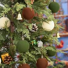 6pcs Flocked Brown/Green/Beige Christmas Ball Ornaments, Bohemian Style Christmas Tree Hanging Decor, Christmas Ball Decorations, Christmas Tree Decor, Rustic Holiday Decorations, Flocked Material - Flocked Christmas Ball - Brown/Green/Beige - View 1