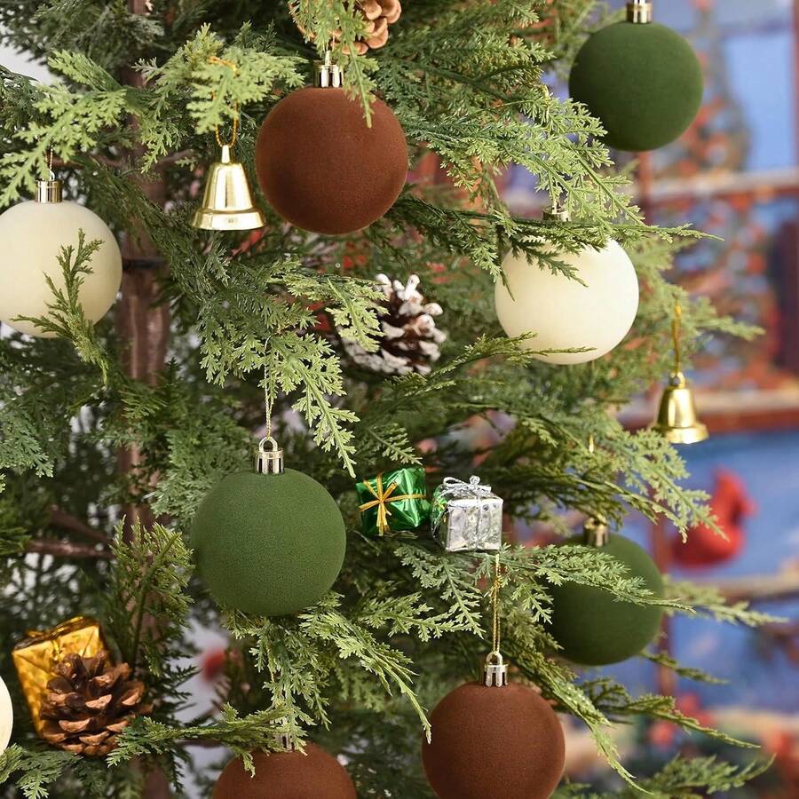 6pcs Flocked Brown/Green/Beige Christmas Ball Ornaments, Bohemian Style Christmas Tree Hanging Decor, Christmas Ball Decorations, Christmas Tree Decor, Rustic Holiday Decorations, Flocked Material - Flocked Christmas Ball - Brown/Green/Beige - View 1