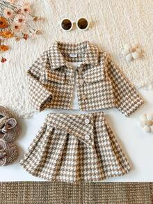 Autumn/Winter Baby Girl Academy Style Apricot Houndstooth 3 Pieces Set, Collared Jacket, Pleated Mini Skirt, Camisole Inner, 1st Birthday Photo Shoot Party Outfit - Brown - View 2
