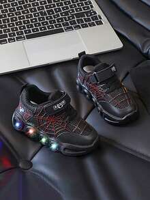 1 Pair 2026 New Halloween Christmas Kids Boys Girls Glowing Cartoon Light-Up Spider Soft Sole Mesh Breathable Running Sports Shoes - Black - View 3