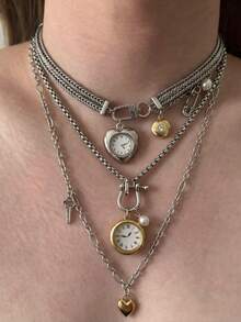 rundraw 3pcs/Set Vintage Heart Clock Face Pendant Necklace, Elegant Chain Necklace, Suitable For Daily Wear, Holiday Party Gift, Clock Face Is Decorative Only - Multicolor - View 2