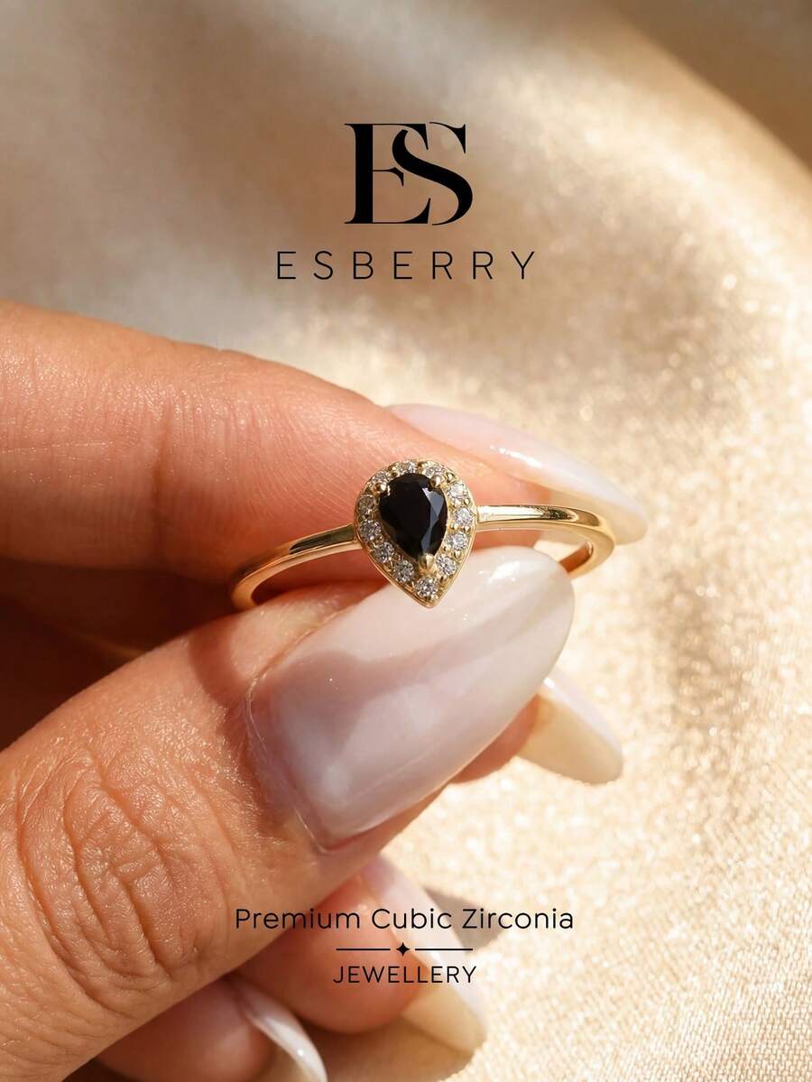 ESBERRY 1件黑色梨形立方鋯石浪漫戒指,女款珠寶,鍍金,精緻日常配飾,禮物 - 金色 - 查看 1