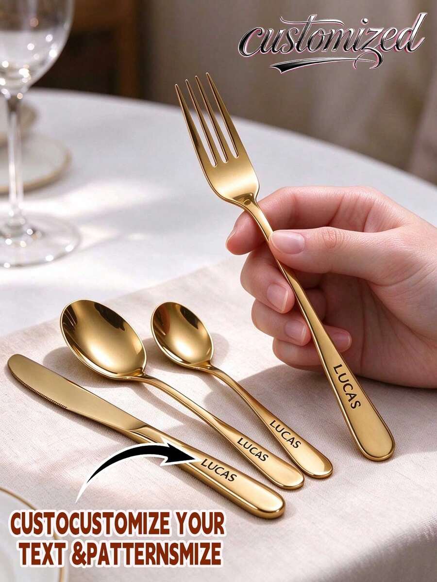 1套4件組個性化不鏽鋼餐具套組，熊圖案，現代餐具，通用禮品，日常使用