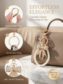 Bow-Knot Keychain Featuring A Faux-Pearl Chain And A Sparkling Bow Charm; Suitable For Handbags, Wallets, And Backpacks-A Stylish Accessory For Women. - Gold - View 2
