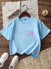 Tween Girls' Casual Graphic Print Crew Neck Short Sleeve T-Shirt, Summer Top - Baby Blue - View 2