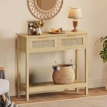1 Pieza Mesa Consola de Ratán, Mesa Consola de Madera Natural con 2 Cajones y 2 Niveles, Diseño Largo y Estrecho, Estante Abierto, Estilo Bohemio Farmhouse, para Sala de Estar, Entrada, Recámara y Bar de Café - Natural - Ver 4