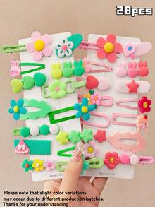 14/28pcs Fresh Sweet Girl Style Cartoon Cute Hair Clips, Suitable For Girls. Flower/Rabbit/Star/Heart/Bow Multi-Style Design, Non-Damaging Hair Accessories, Bangs Clips Side Clips Flyaway Clips, Versatile Daily Accessories - Multicolor - View 14