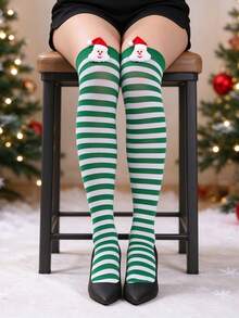 1 Pair Christmas Green And White Striped Over-The-Knee Thigh High Socks, Santa Claus Pattern Holiday Party Socks - Multicolor - View 6