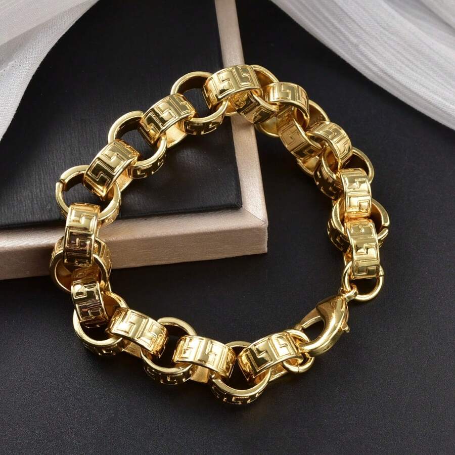 1pc Thick 18K Gold-Plated Copper 1.2cm Circular Geometric Bracelet, Hip-Hop Style Men Daily Party Wear, Statement Jewelry - Gold - View 1