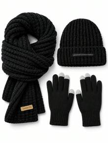 3pcs Unisex Autumn/Winter Warm Knitwear Set, Black/Grey Optional, Suitable For Commuting, Travel And Outdoor Wear - Multicolor - View 13