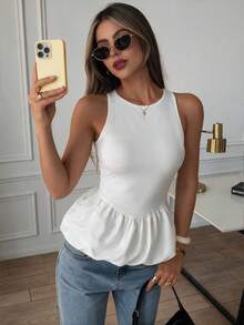 ملابس علوية نسائية مرنة بتصميم بسيط مزينة ببراعم زهور، ملابس علوية بدون أكمام بياقة دائرية ضيقة مع حافة مكشكشة، مناسبة للارتداء اليومي وحفلات العشاء - أبيض - مشاهدة 1