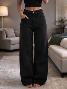 Mid-Waist Non-Stretch Straight Leg Denim Shorts With Button Pocket Decor - Black - View 7