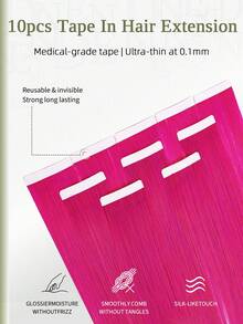 DNE HAIR 10pcs 100% Human Hair Tape-In Extensions, Pink, 25g, 18 Inch, Silky Seamless Invisible Rainbow Highlights, High Quality Thick Ends, Healthy And Long-Lasting, Suitable For Women/Girls - SPink - View 3