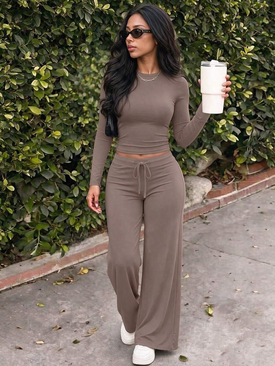 NOIRLYN Women's Autumn/Winter 2 Pieces Set Y2K Sporty Style Fitness Casual Home Wear Solid Color Slim Fit Long Sleeve T-Shirt And Drawstring Pants - Camel - View 1