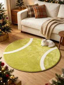 1pc 2026 New - Fresh Green Tennis Ball Shaped Round Rug, Living Room Sofa Decor Mat, Sports Style Fun Plush Carpet, Vibrant Home Decor, Creative Ball Pattern Round Rug, Home Gift, Decorative Carpet, Washable Rug, Indoor Round Mat, Fan Boy Room Gift - Multicolor - View 3