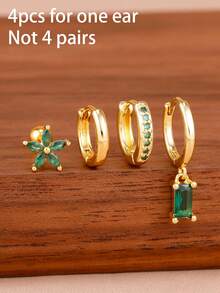 4PCS Light Luxury Geometry Dangle Earrings Set For Women 18K Gold Plated Green Zirconia Flower Ear Stud Elegant Engagement Birthday Jewelry Gift - 1-gold-4pcs - View 4