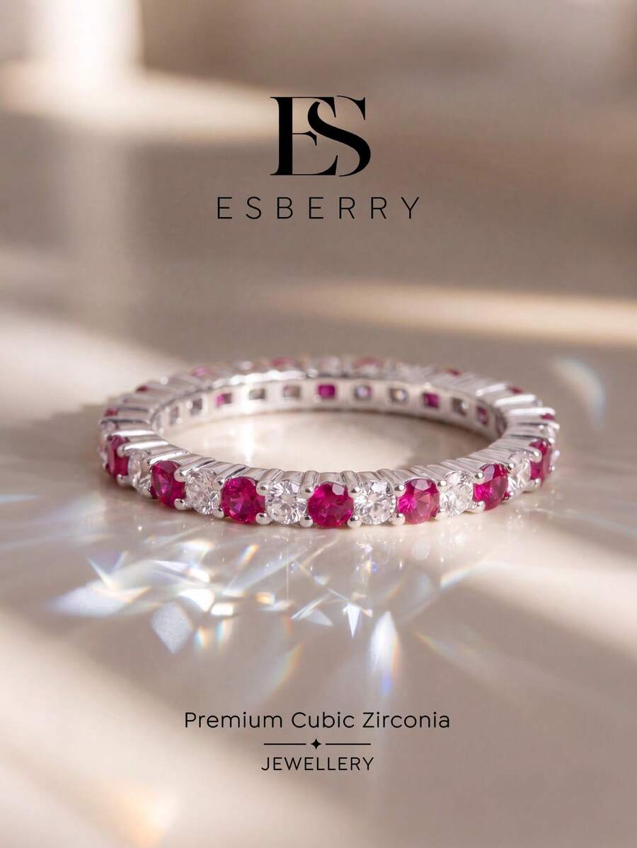 ESBERRY 1件亮紅色鋯石訂婚/婚禮戒指，女性承諾/永恆戒指，精緻珠寶，派對/約會禮物