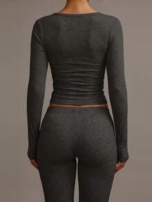 XLLAIS Spring/Summer Button Knit High Elasticity Top - Dark Heather Grey - View 3