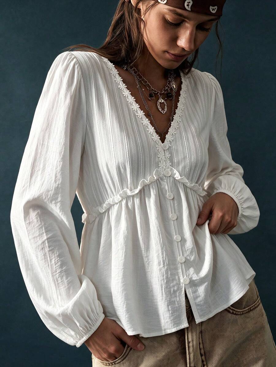 Rusttydustty Blus Wanita Putih Berkerah V Model Lentera Lengan Panjang dengan Hiasan Renda, Desain Pinggang Berkerut, Cocok untuk Perjalanan Sehari-hari di Musim Gugur, Gaya Bohemian - Putih - View 1