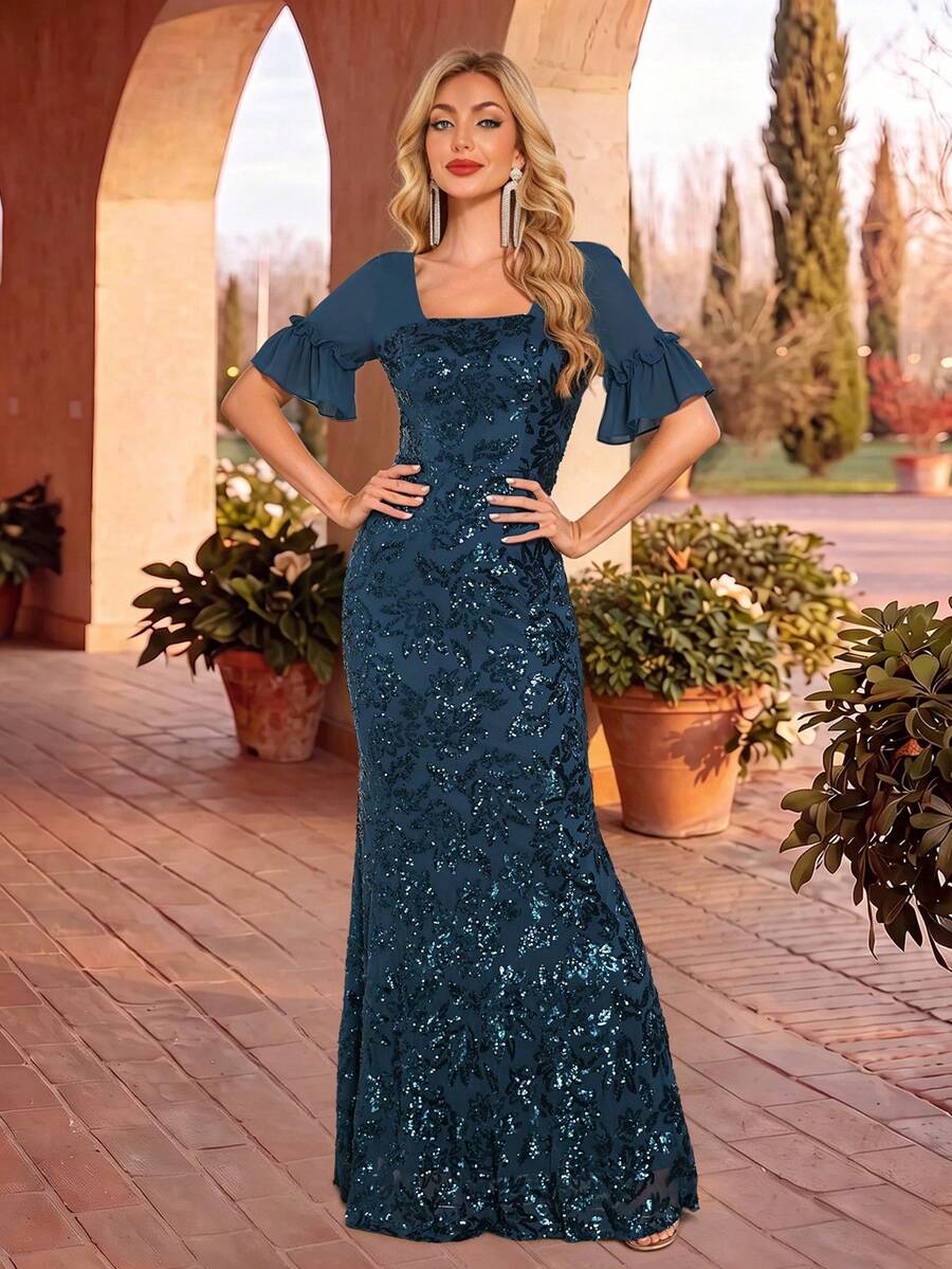 CEILIM Square Neck Chiffon Ruffle Short Sleeve Sequin Embroidered Mermaid Evening Gown, Front Square Neck Back Square Neck Open Back Slim Fit Bodycon Long Banquet Dress
