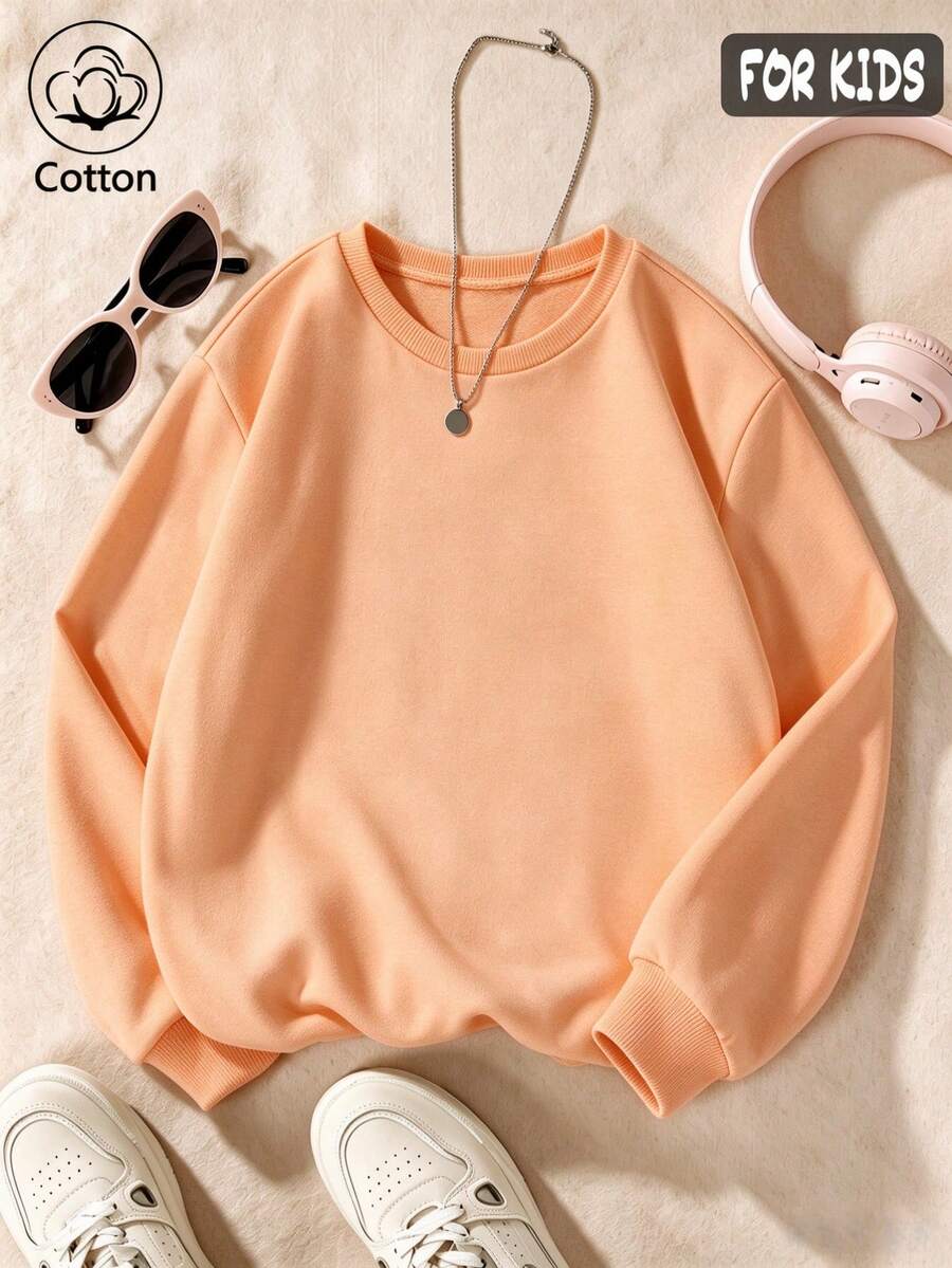 Cotton Girls' Crew Neck Sweatshirt, Loose Fit For Autumn And Winter, Cute Sweet Girl's Preppy Style - Hami Melon Orange - View 1