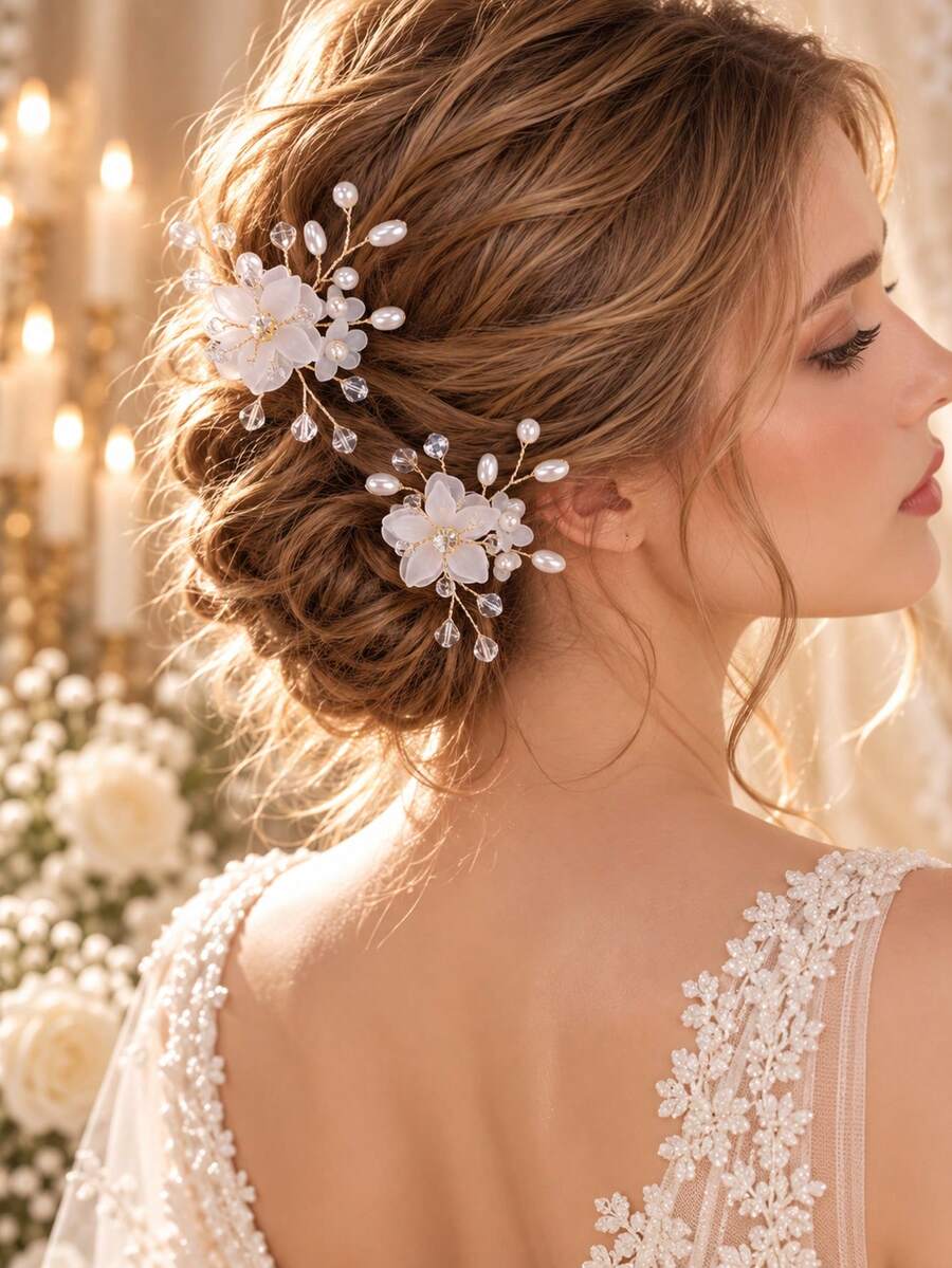 KOVLYNE 2pcs White Floral Pearl Hair Pins, Rhinestone Beaded Bridal Headpiece, Decorated With Exquisite Flower And Vine Patterns, Suitable For Brides, Prom And Special Occasions Elegant Wedding Hair Accessories - Gold - View 1