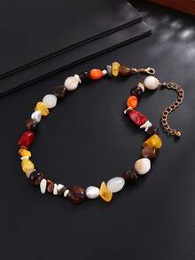 1pc Vintage Bohemian Style Resin Beaded Necklace, Personalized Charming Multicolor Geometric Beaded Collarbone Chain, Unisex Casual Accessory - Multicolor - View 4