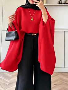 Women's Minimalist Elegant Commuter Stand Collar Pullover Top, Solid Color, Suitable For Daily Wear And Dates - Red - View 2