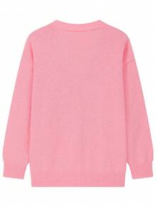 Plus Size Fall Winter Pearl Detail Knit Cardigan, Ladies V-Neck Button Front Long Sleeve Slim Commute Daily Outer Sweater - Pink - View 10