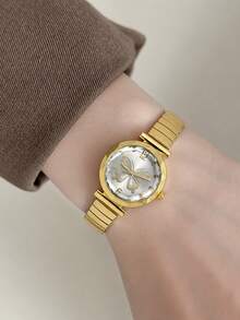 1pc Women's Quartz Wristwatch, Retro Casual Business Minimalist Style, Elastic Strap Butterfly Head For Daily Wear, Holiday Gift Selection - Gold - View 4