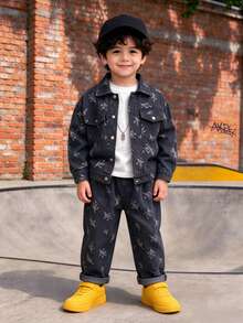 2pcs/Set Young Boys Denim Jacket And Pants Set, Suitable For Casual Wear, School, Outdoor Activities - Grey - View 4