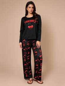 Spring Autumn Winter Long Sleeve Women's Round Neck Pajama 2 Pieces Set, Red Cherry Letter Print Long Sleeve & Long Pants Set, Cute Sweet Style Loungewear, Suitable For Outdoor Wear - Black - View 5