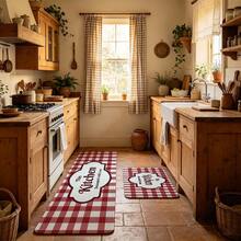 2pcs Red Plaid Pattern Kitchen Mat, Absorbent Non-Slip Floor Mat, Soft Comfortable Standing Mat, Durable, Stain-Resistant, Washable, Suitable For Bathroom Door, Kitchen, Dining Room, Living Room And Outdoor, Autumn Harvest Home Decor - Multicolor - View 6