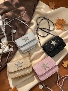 1pc Fashionable Sweet Shiny Star Crossbody Bag, Super Popular Chain Multifunctional Exquisite Small Bag, Compact And Delicate, Mini Lipstick Bag, Fashionable Chain Shoulder Strap, Decorated With Sweet Five-Pointed Stars, Suitable For Outings, Shopping, Daily Use, Travel, Versatile Square Bag Shape, Perfect Gift - Multicolor - View 1