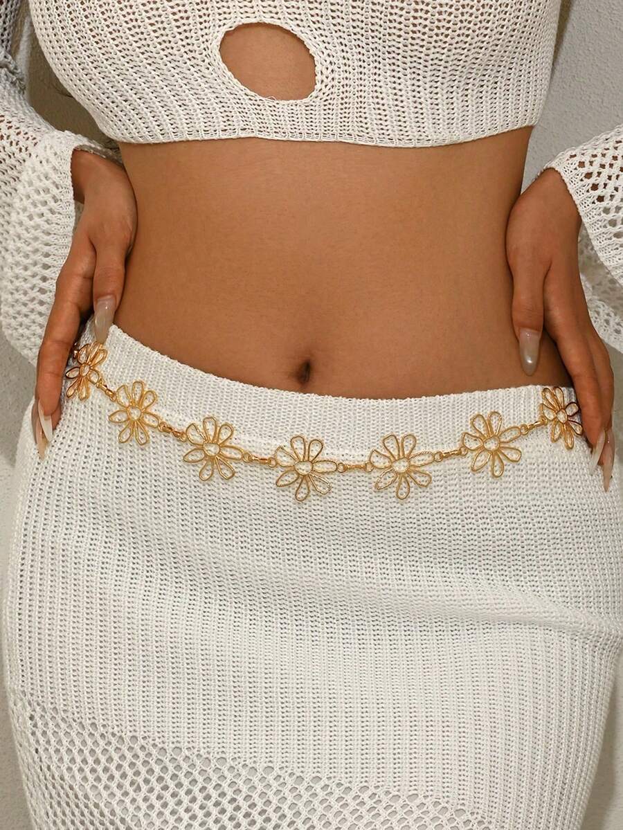 1pc Gold Minimalist Hollow Floral Design Waist Chain, Bohemian Style, Suitable For Weddings, Banquets, Parties, Great Gift For Friends And Loved Ones - Gold - View 1