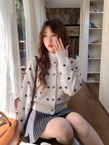 Korean Style Polka Dot Round Neck Knit Cardigan Women Autumn Winter Loose Versatile Soft Cozy Slouchy Sweater Jacket - Apricot - View 4