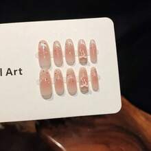 10pcs Handmade Press-On Nails, Long Oval Shape, Y2K Style, Premium Pink & White Gradient, Gold Flower & Shell Design With Hand-Painted Gold Lines And Pearl Decor, Pink & Gold Nails, Suitable For Daily Wear - Red and White - View 12