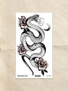 Waterproof Temporary Transfer Tattoo,1pc Water Transfer Paper, Dark Gothic Style, Coiled Snake, Rose & Crescent Moon Pattern, Delicate Line Details, Long Lasting Fake Tattoo Stickers, Body Art Decals For Women, Suitable For Waist, Abdomen, Hip, Arm - Black - View 8